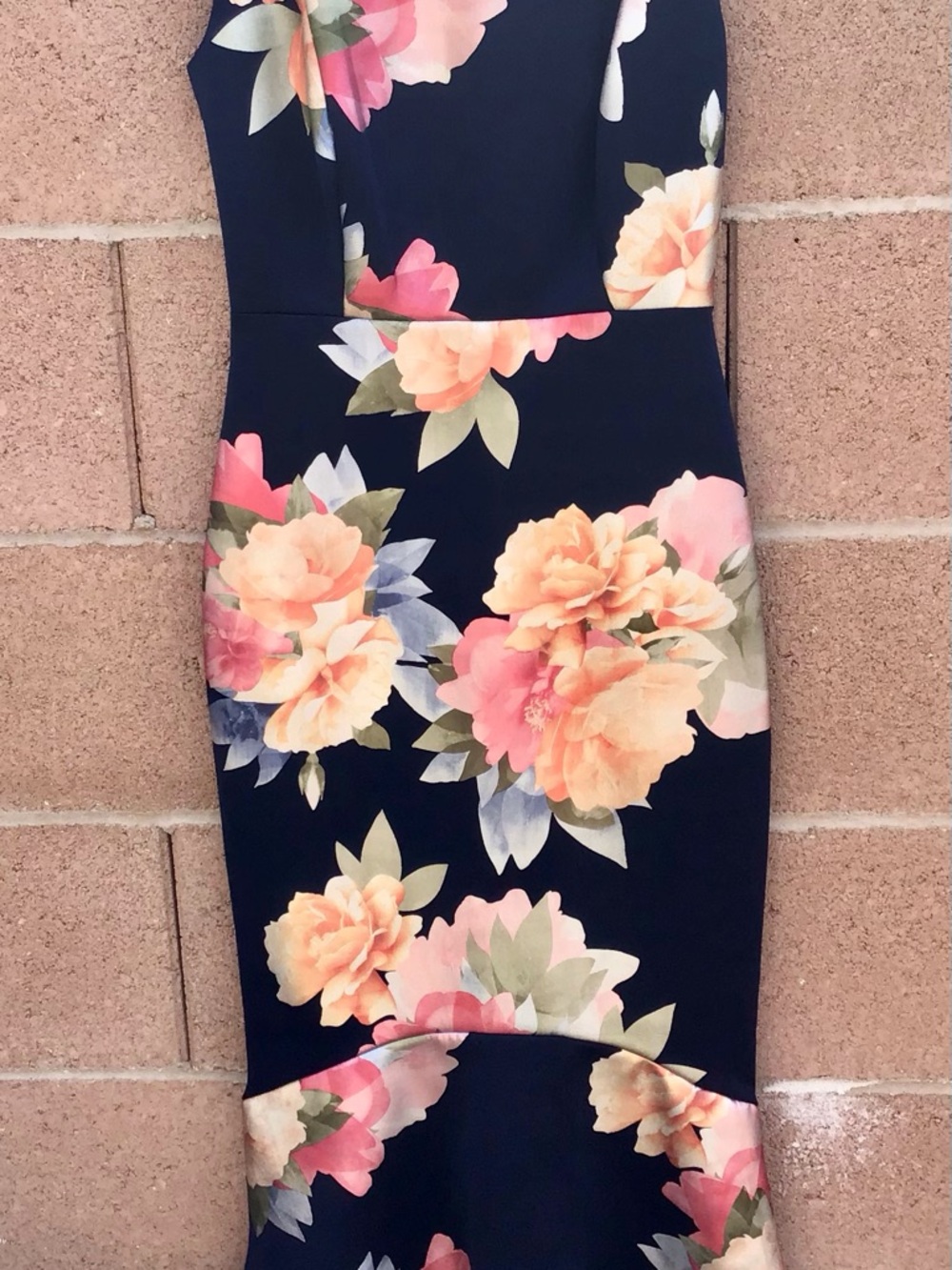 Enfocus Studio Navy Floral Midi Dress with Peach Blooms